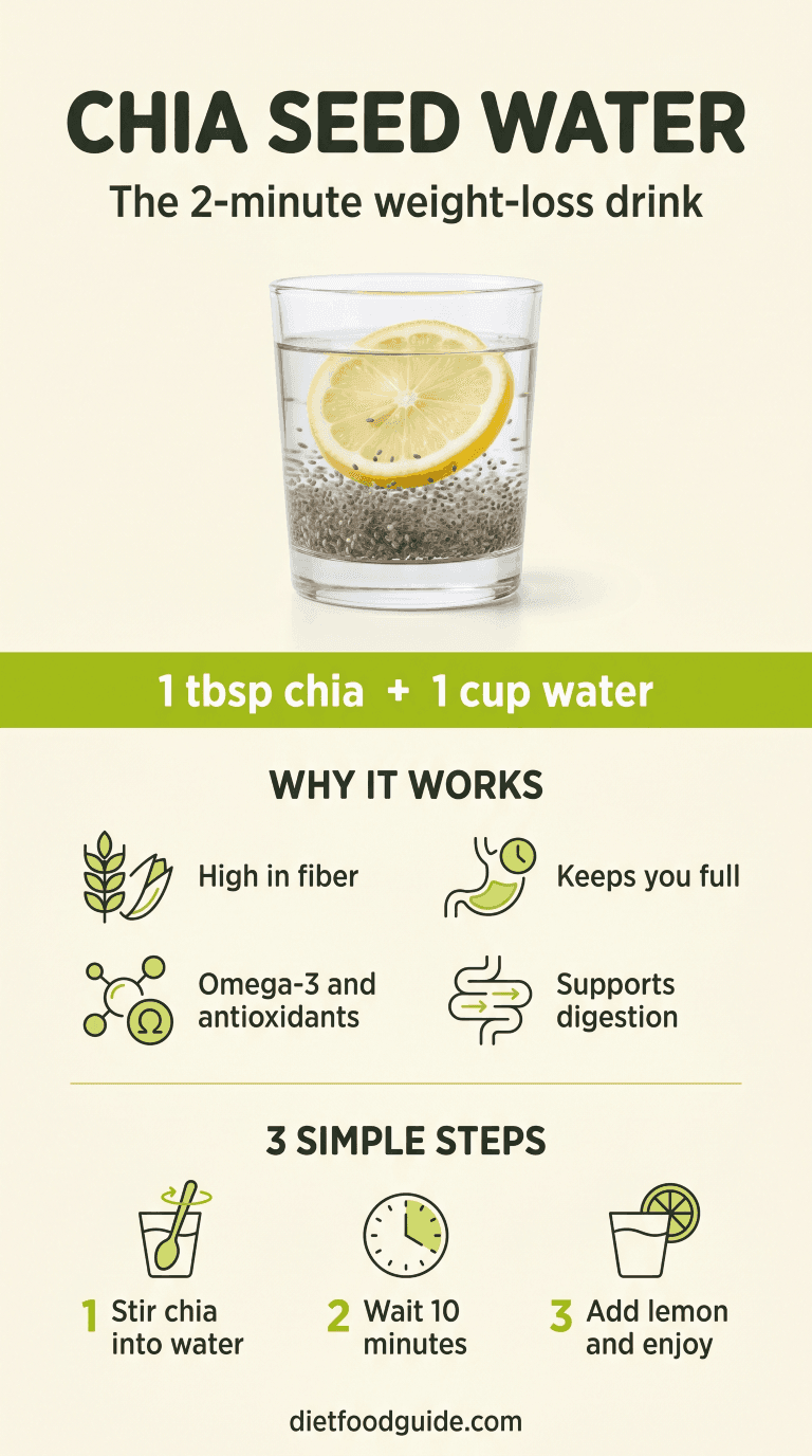 Chia seed water infographic: benefits, the 1 tbsp to 1 cup ratio, and 3 simple steps to make it
