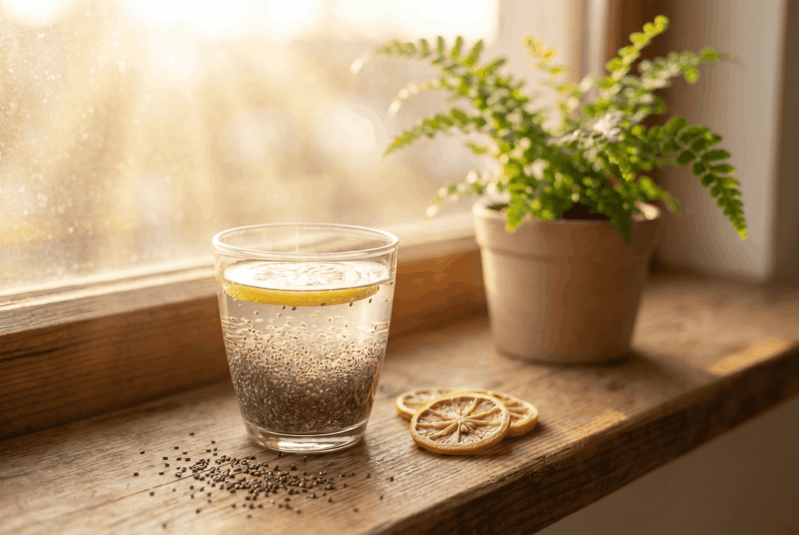 A glass of chia seed water with lemon on a sunlit windowsill, calm healthy morning mood