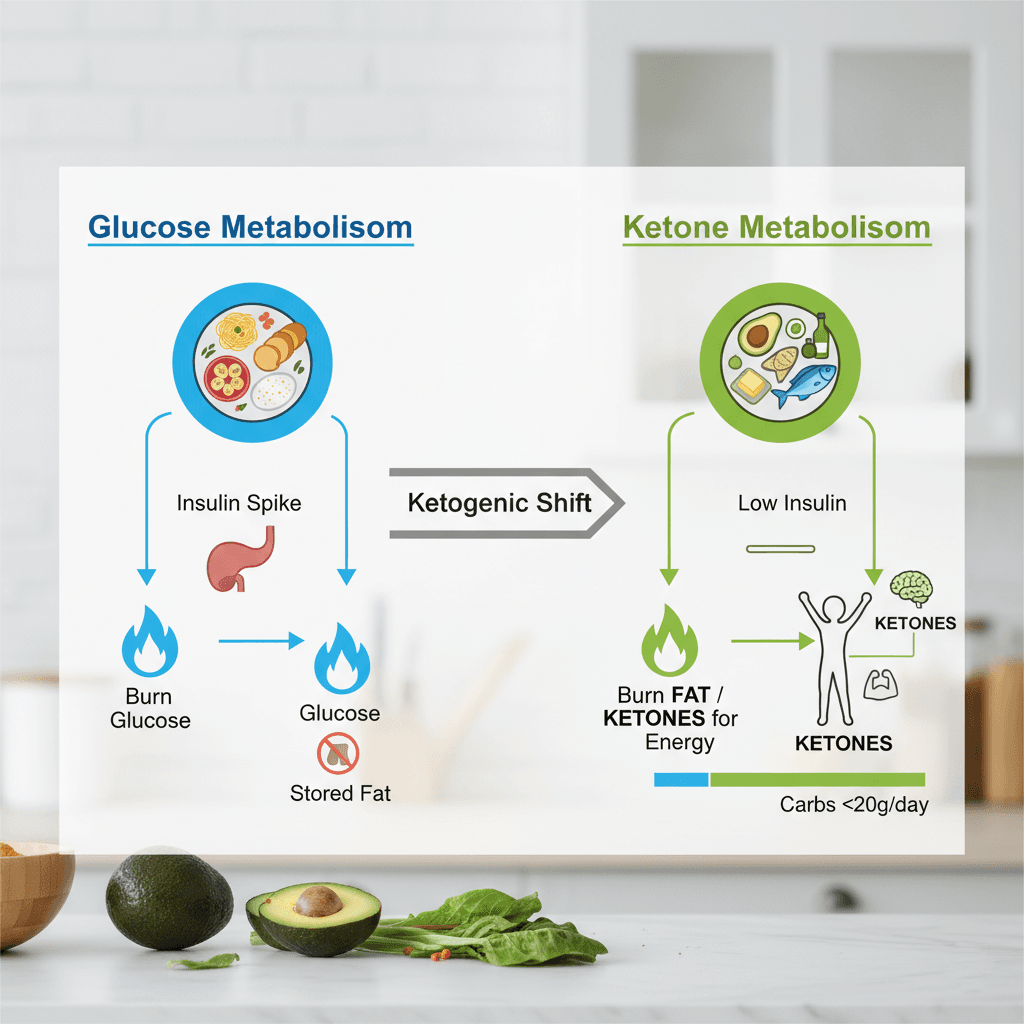 Infographic illustrating the metabolic shift from glucose metabolism to ketone metabolism