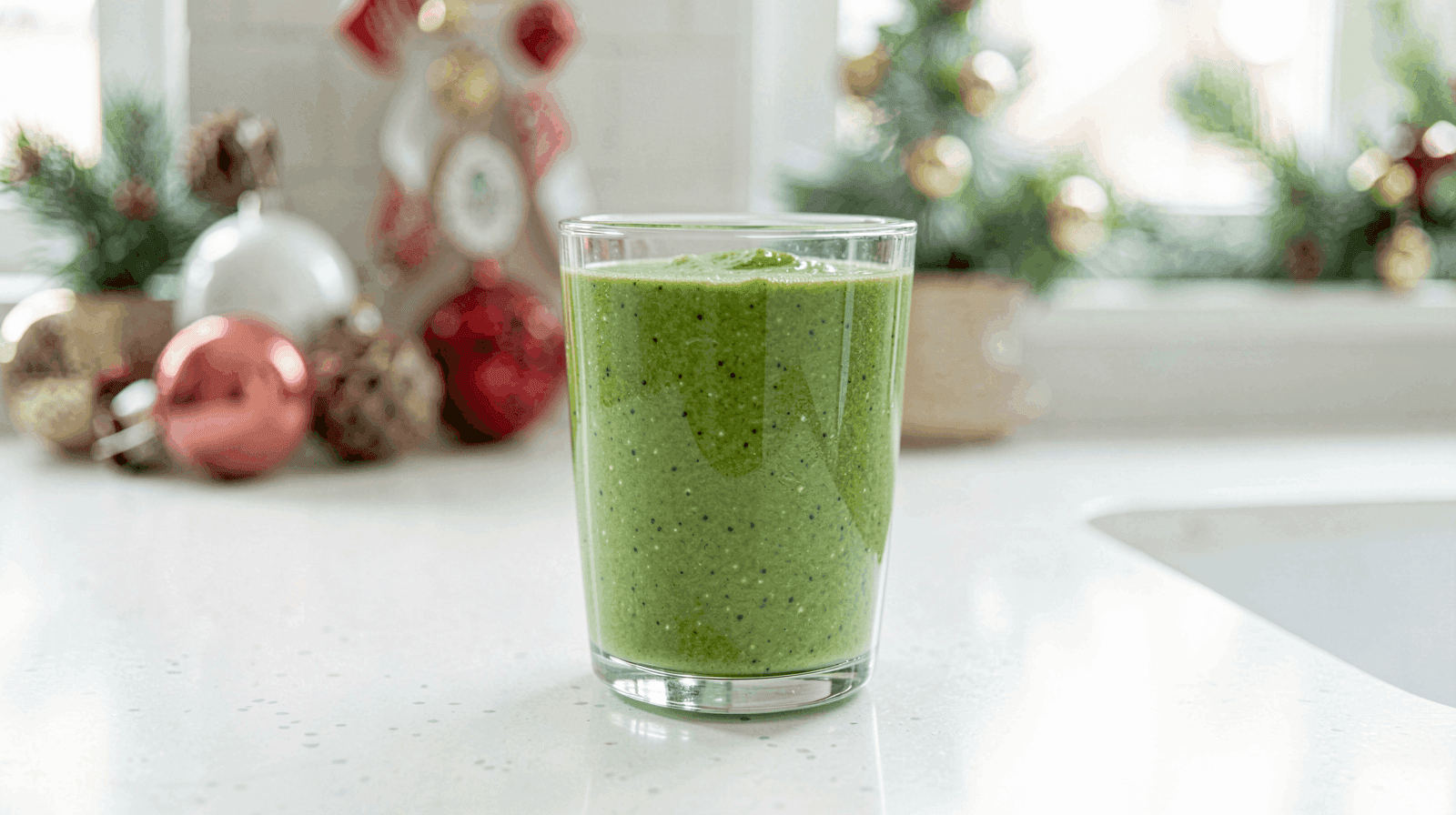 A green smoothie served as a light, fiber-rich meal on a non-party day during the holidays
