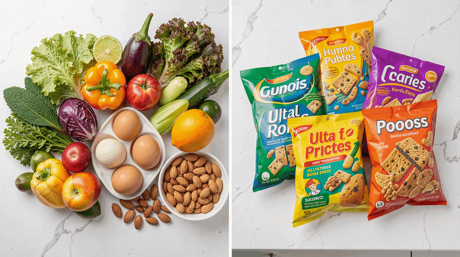 A counter split between colorful whole foods and packaged ultra-processed products