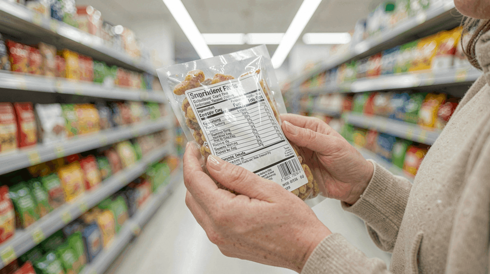 A person reading the ingredient label on a packaged food product in a grocery store aisle