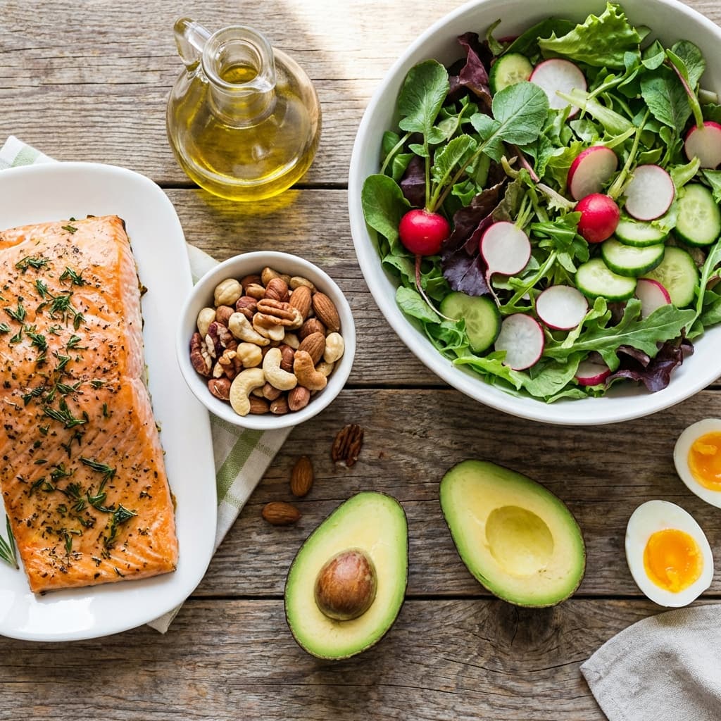Ketogenic diet food spread with salmon, avocado, and nuts